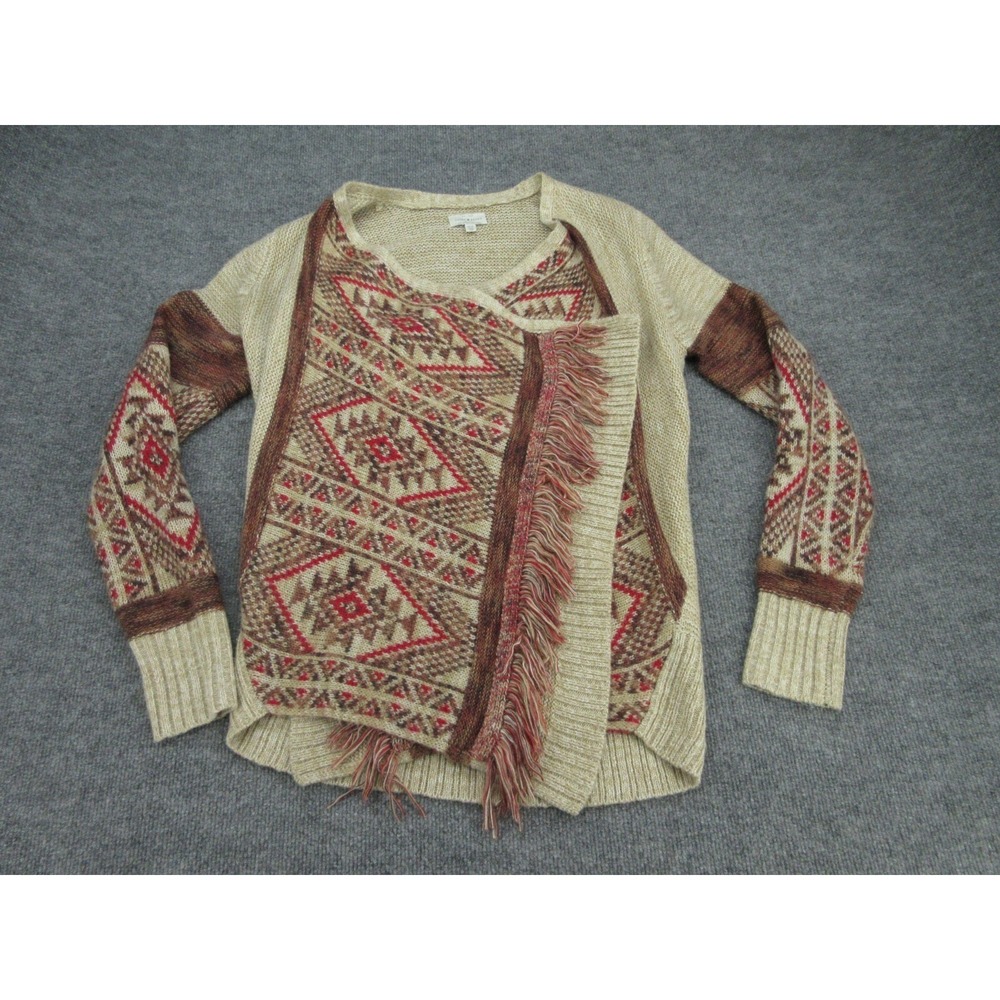 Lucky Brand Womens Cardigan Relaxed Tan Red Southwestern Fringe M